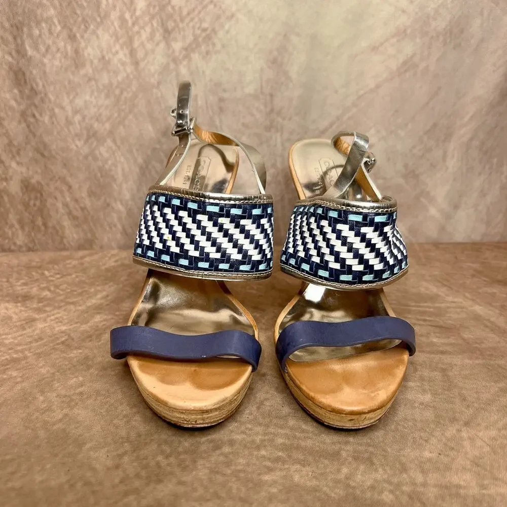 Coach Steffi Heels Pumps Slingback Woven Open Toe Sandals Silver Metallic Blue